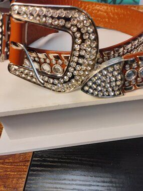 Brown Rhinestone Western Belt Women’s 2XL Statement Buckle Studded Cowgirl
